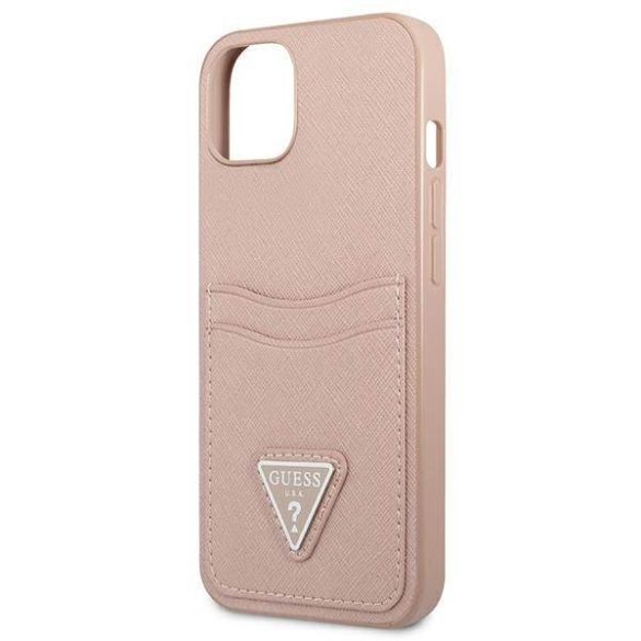 Guess GUHCP13SPSATPP iPhone 13 mini 5,4" rózsaszín Saffiano háromszög logós keménytok kártyatartóval