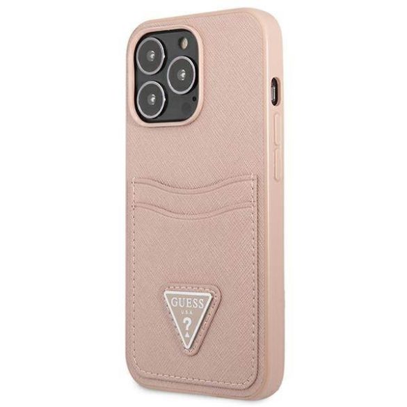 Guess GUHCP13LPSATPP iPhone 13 Pro / 13 6,1" rózsaszín Saffiano háromszög logós keménytok kártyatartóval