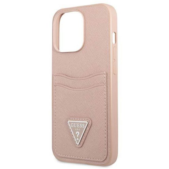 Guess GUHCP13LPSATPP iPhone 13 Pro / 13 6,1" rózsaszín Saffiano háromszög logós keménytok kártyatartóval
