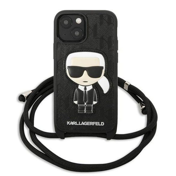 Karl Lagerfeld KLHCP13SCMNIPK iPhone 13 mini 5,4" keménytok fekete bőr monogramos és zsinóros ikonikus tok