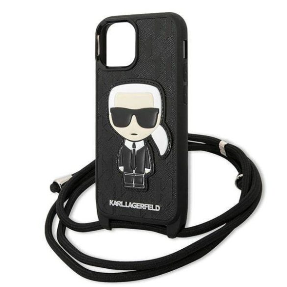 Karl Lagerfeld KLHCP13SCMNIPK iPhone 13 mini 5,4" keménytok fekete bőr monogramos és zsinóros ikonikus tok