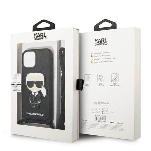 Karl Lagerfeld KLHCP13SCMNIPK iPhone 13 mini 5,4" keménytok fekete bőr monogramos és zsinóros ikonikus tok