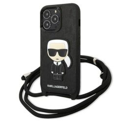   Karl Lagerfeld KLHCP13LCMNIPK iPhone 13 Pro / 13 6,1" keménytok fekete bőr monogramos, zsinóros tok