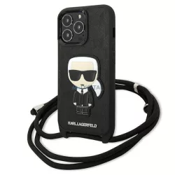   Karl Lagerfeld KLHCP13LCMNIPK iPhone 13 Pro / 13 6,1" keménytok fekete bőr monogramos, zsinóros tok