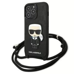 Karl Lagerfeld KLHCP13LCMNIPK iPhone 13 Pro / 13 6,1" keménytok fekete bőr monogramos, zsinóros tok
