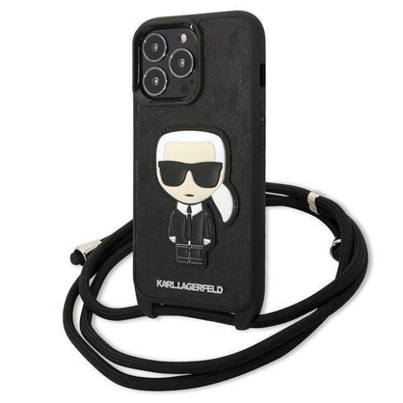 Karl Lagerfeld KLHCP13LCMNIPK iPhone 13 Pro / 13 6,1" keménytok fekete bőr monogramos, zsinóros tok