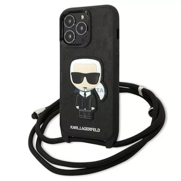 Karl Lagerfeld KLHCP13LCMNIPK iPhone 13 Pro / 13 6,1" keménytok fekete bőr monogramos, zsinóros tok