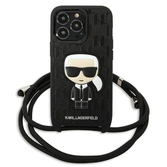 Karl Lagerfeld KLHCP13LCMNIPK iPhone 13 Pro / 13 6,1" keménytok fekete bőr monogramos, zsinóros tok