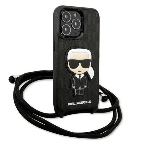 Karl Lagerfeld KLHCP13LCMNIPK iPhone 13 Pro / 13 6,1" keménytok fekete bőr monogramos, zsinóros tok