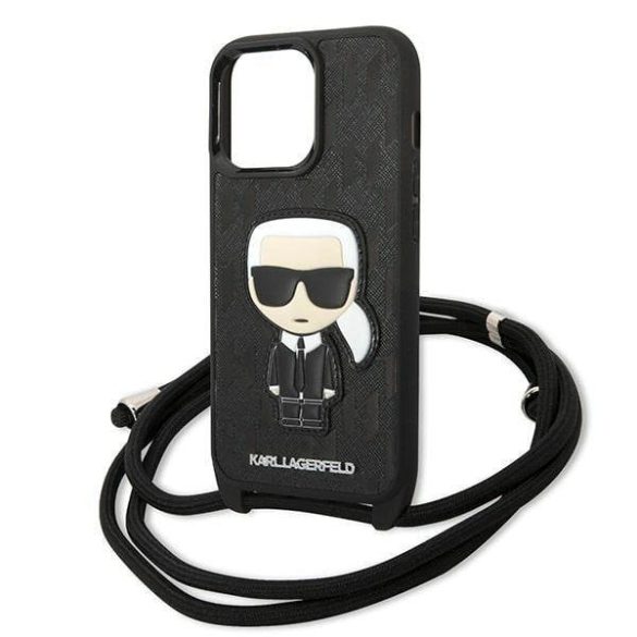 Karl Lagerfeld KLHCP13LCMNIPK iPhone 13 Pro / 13 6,1" keménytok fekete bőr monogramos, zsinóros tok