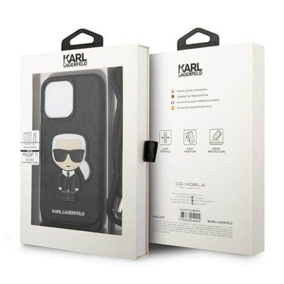 Karl Lagerfeld KLHCP13LCMNIPK iPhone 13 Pro / 13 6,1" keménytok fekete bőr monogramos, zsinóros tok