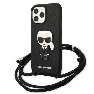 Karl Lagerfeld KLHCP13XCMNIPK iPhone 13 Pro Max 6,7" fekete bőr ikonikus keménytok monogrammal, zsinórral