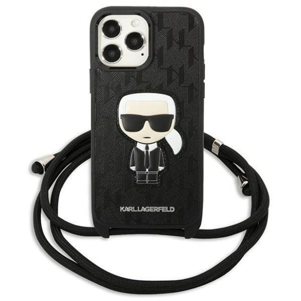 Karl Lagerfeld KLHCP13XCMNIPK iPhone 13 Pro Max 6,7" fekete bőr ikonikus keménytok monogrammal, zsinórral