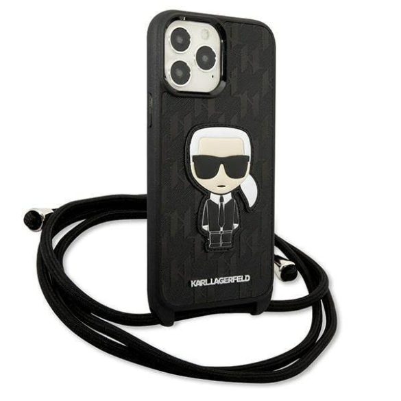 Karl Lagerfeld KLHCP13XCMNIPK iPhone 13 Pro Max 6,7" fekete bőr ikonikus keménytok monogrammal, zsinórral