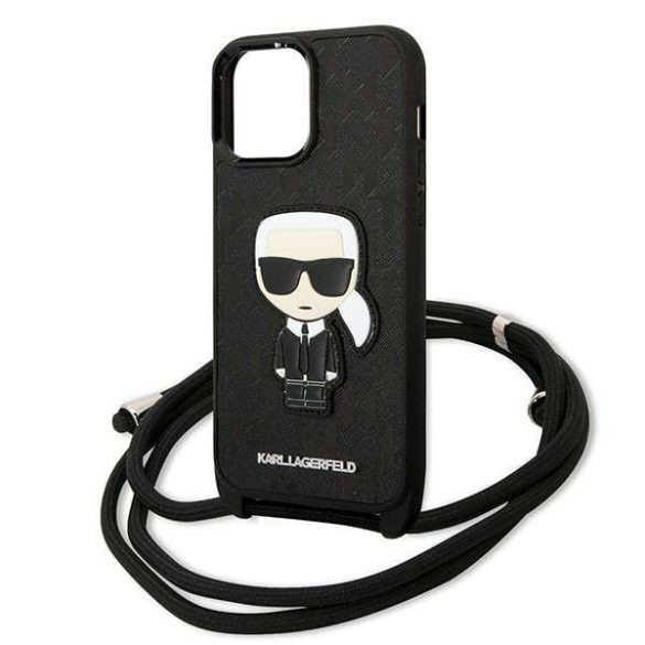 Karl Lagerfeld KLHCP13XCMNIPK iPhone 13 Pro Max 6,7" fekete bőr ikonikus keménytok monogrammal, zsinórral