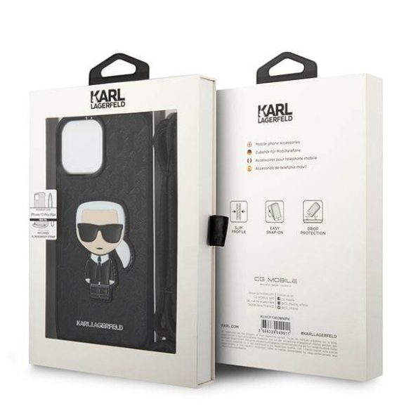 Karl Lagerfeld KLHCP13XCMNIPK iPhone 13 Pro Max 6,7" fekete bőr ikonikus keménytok monogrammal, zsinórral