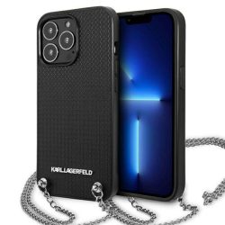   Karl Lagerfeld KLHCP13XPMK iPhone 13 Pro Max 6,7" keménytok fekete bőr texturált és láncos tok