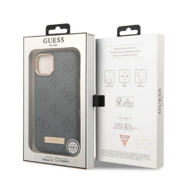 Guess GUHMP13MSAPSTG iPhone 13 / 14 / 15 6.1" szürke keménytok Peony Logo Plate MagSafe