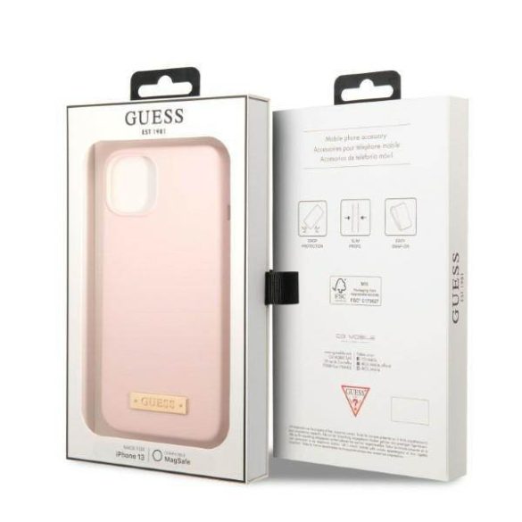 Guess GUHMP13MSBPLP iPhone 13 / 14 / 15 6.1" rózsaszín keménytok Silicone Logo Plate MagSafe