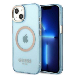 Guess GUHMP13MHTCMB iPhone 13 / 14 / 15 6.1" kék keménytok arany kontúrú, áttetsző MagSafe áttetsző