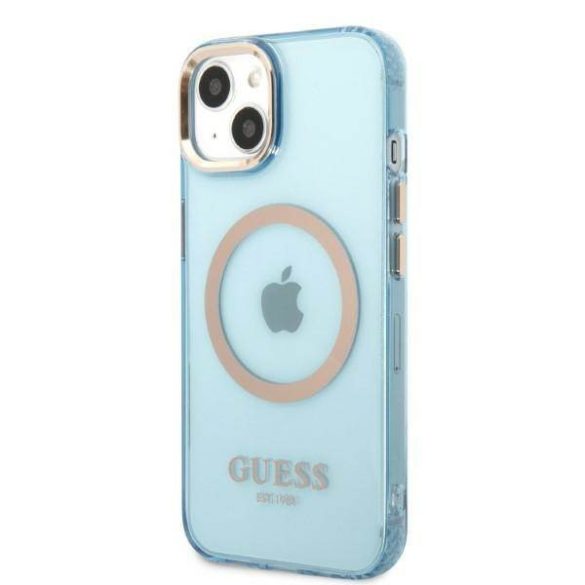 Guess GUHMP13MHTCMB iPhone 13 / 14 / 15 6.1" kék keménytok arany kontúrú, áttetsző MagSafe áttetsző