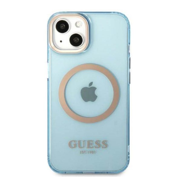 Guess GUHMP13MHTCMB iPhone 13 / 14 / 15 6.1" kék keménytok arany kontúrú, áttetsző MagSafe áttetsző