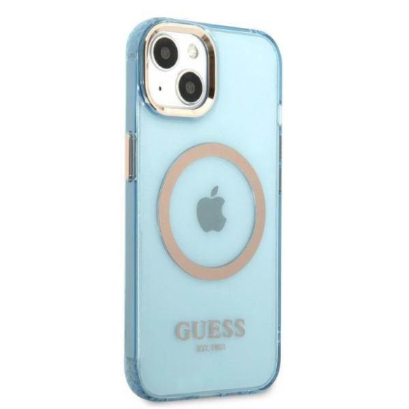 Guess GUHMP13MHTCMB iPhone 13 / 14 / 15 6.1" kék keménytok arany kontúrú, áttetsző MagSafe áttetsző