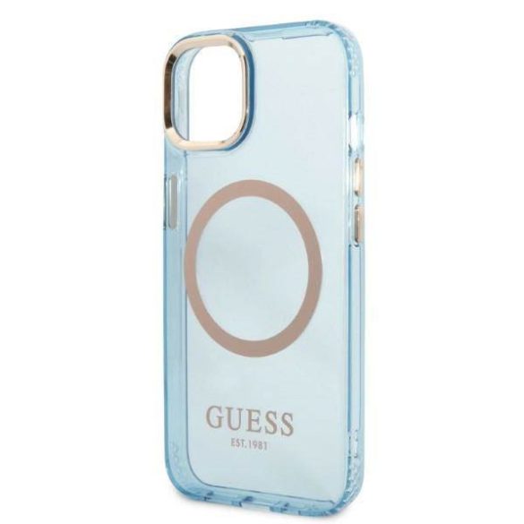 Guess GUHMP13MHTCMB iPhone 13 / 14 / 15 6.1" kék keménytok arany kontúrú, áttetsző MagSafe áttetsző