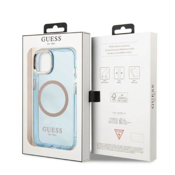 Guess GUHMP13MHTCMB iPhone 13 / 14 / 15 6.1" kék keménytok arany kontúrú, áttetsző MagSafe áttetsző