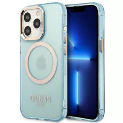   Guess GUHMP13LHTCMB iPhone 13 Pro / 13 6,1" kék áttetsző keménytok arany kontúrral MagSafe