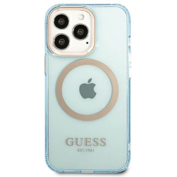 Guess GUHMP13XHTCMB iPhone 13 Pro Max 6,7" kék áttetsző Magsafe keménytok arany kontúrral