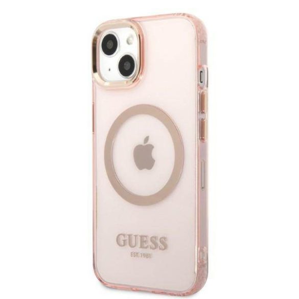 Guess GUHMP13MHTCMP iPhone 13 / 14 / 15 6.1" rózsaszín keménytok arany kontúrú áttetsző MagSafe
