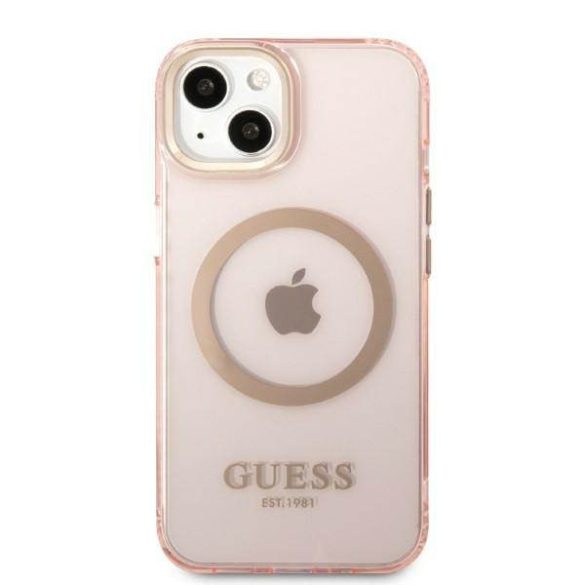 Guess GUHMP13MHTCMP iPhone 13 / 14 / 15 6.1" rózsaszín keménytok arany kontúrú áttetsző MagSafe