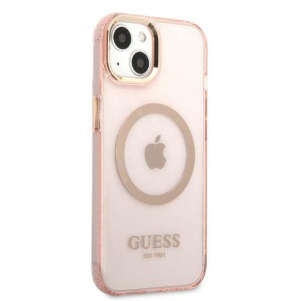 Guess GUHMP13MHTCMP iPhone 13 / 14 / 15 6.1" rózsaszín keménytok arany kontúrú áttetsző MagSafe