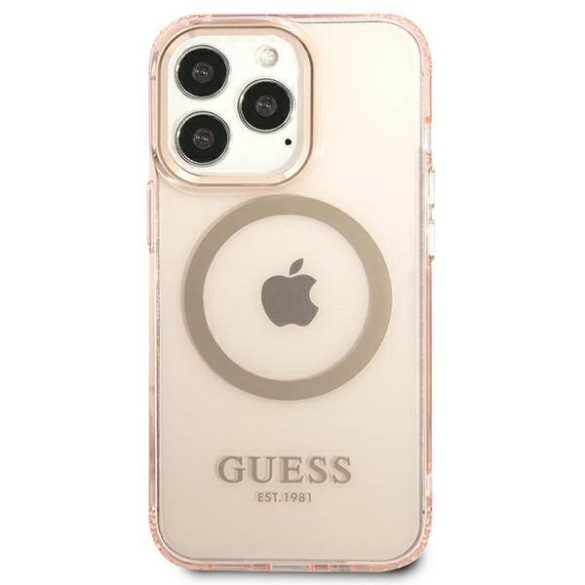 Guess GUHMP13LHTCMP iPhone 13 Pro / 13 6,1" rózsaszín áttetsző keménytok arany kontúrral MagSafe