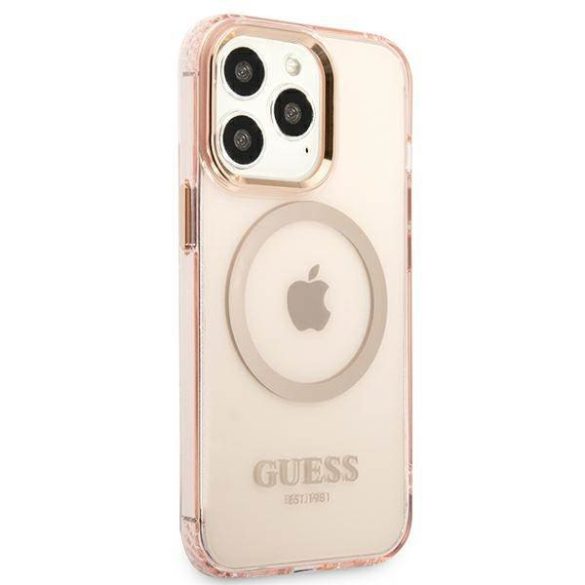 Guess GUHMP13LHTCMP iPhone 13 Pro / 13 6,1" rózsaszín áttetsző keménytok arany kontúrral MagSafe