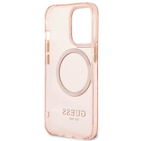 Guess GUHMP13LHTCMP iPhone 13 Pro / 13 6,1" rózsaszín áttetsző keménytok arany kontúrral MagSafe