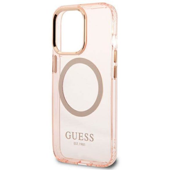 Guess GUHMP13XHTCMP iPhone 13 Pro Max 6,7" rózsaszín áttetsző Magsafe keménytok arany kontúrral