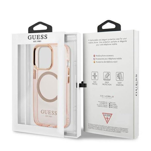 Guess GUHMP13XHTCMP iPhone 13 Pro Max 6,7" rózsaszín áttetsző Magsafe keménytok arany kontúrral