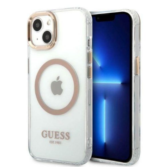 Guess GUHMP13MHTRMD iPhone 13 / 14 / 15 6.1" arany keménytok fém kontúr Magsafe