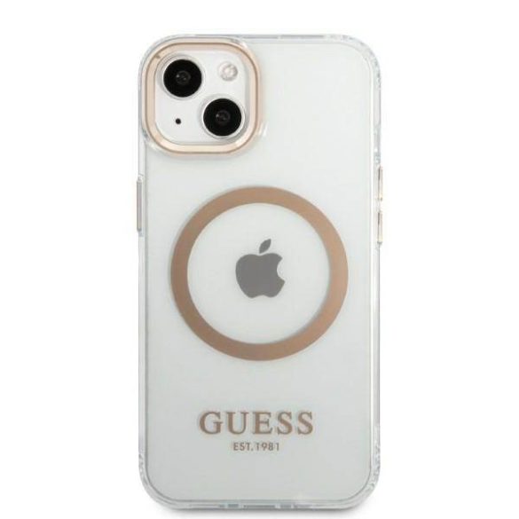 Guess GUHMP13MHTRMD iPhone 13 / 14 / 15 6.1" arany keménytok fém kontúr Magsafe