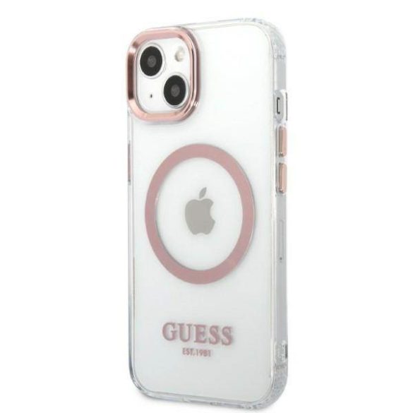 Guess GUHMP13MHTRMP iPhone 13 / 14 / 15 6.1" rózsaszín keménytok fém kontúr Magsafe