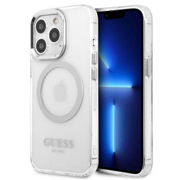 Guess GUHMP13LHTRMS iPhone 13 Pro / 13 6,1" ezüst keménytok fém kontúrral Magsafe