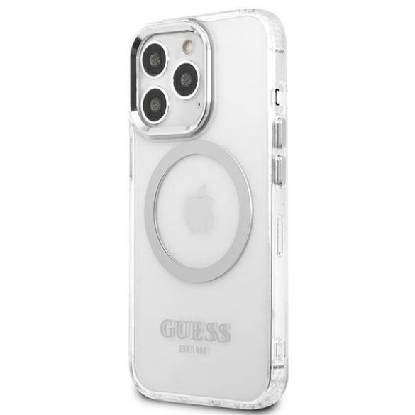 Guess GUHMP13LHTRMS iPhone 13 Pro / 13 6,1" ezüst keménytok fém kontúrral Magsafe