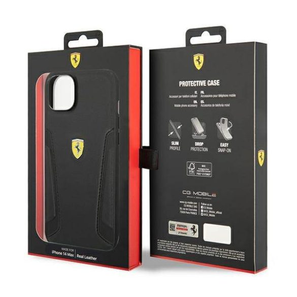 Ferrari FEHCP14MRBUK iPhone 14 Plus / 15 Plus 6.7" fekete keménytok bőr bélyegzős oldalai