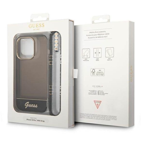 Guess GUHCP14LHGGCOHK iPhone 14 Pro 6,1" áttetsző fekete keménytok gyöngyház szíjjal