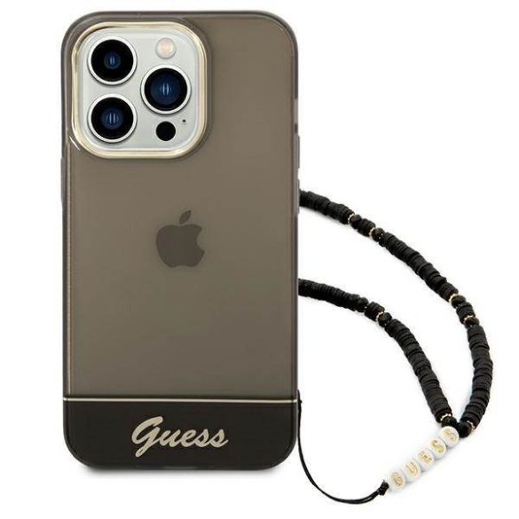 Guess GUHCP14XHGGCOHK iPhone 14 Pro Max 6,7" fekete áttetsző keménytok gyöngyház szíjjal