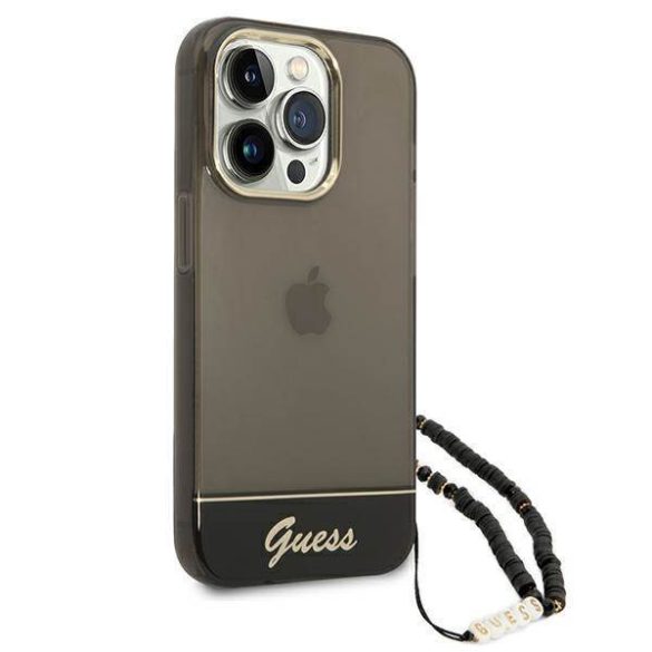 Guess GUHCP14XHGGCOHK iPhone 14 Pro Max 6,7" fekete áttetsző keménytok gyöngyház szíjjal