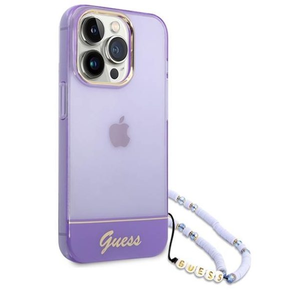 Guess GUHCP14LHGCOHU iPhone 14 Pro 6,1" áttetsző lila keménytok gyöngyház szíjjal