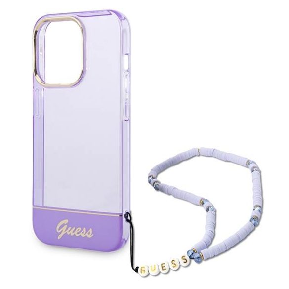 Guess GUHCP14LHGCOHU iPhone 14 Pro 6,1" áttetsző lila keménytok gyöngyház szíjjal